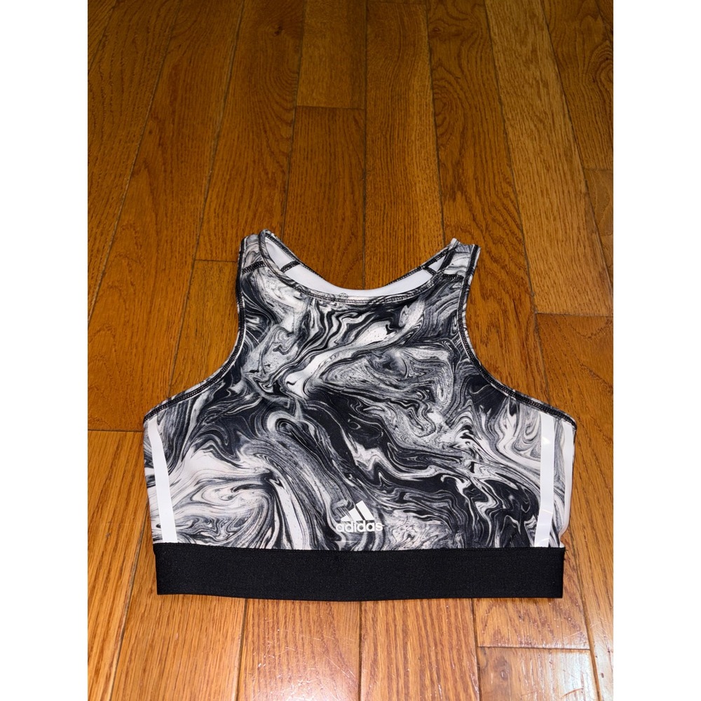 NWOT Adidas Marble Print High Neck Racerback Sports Bra Black White Small D-DD